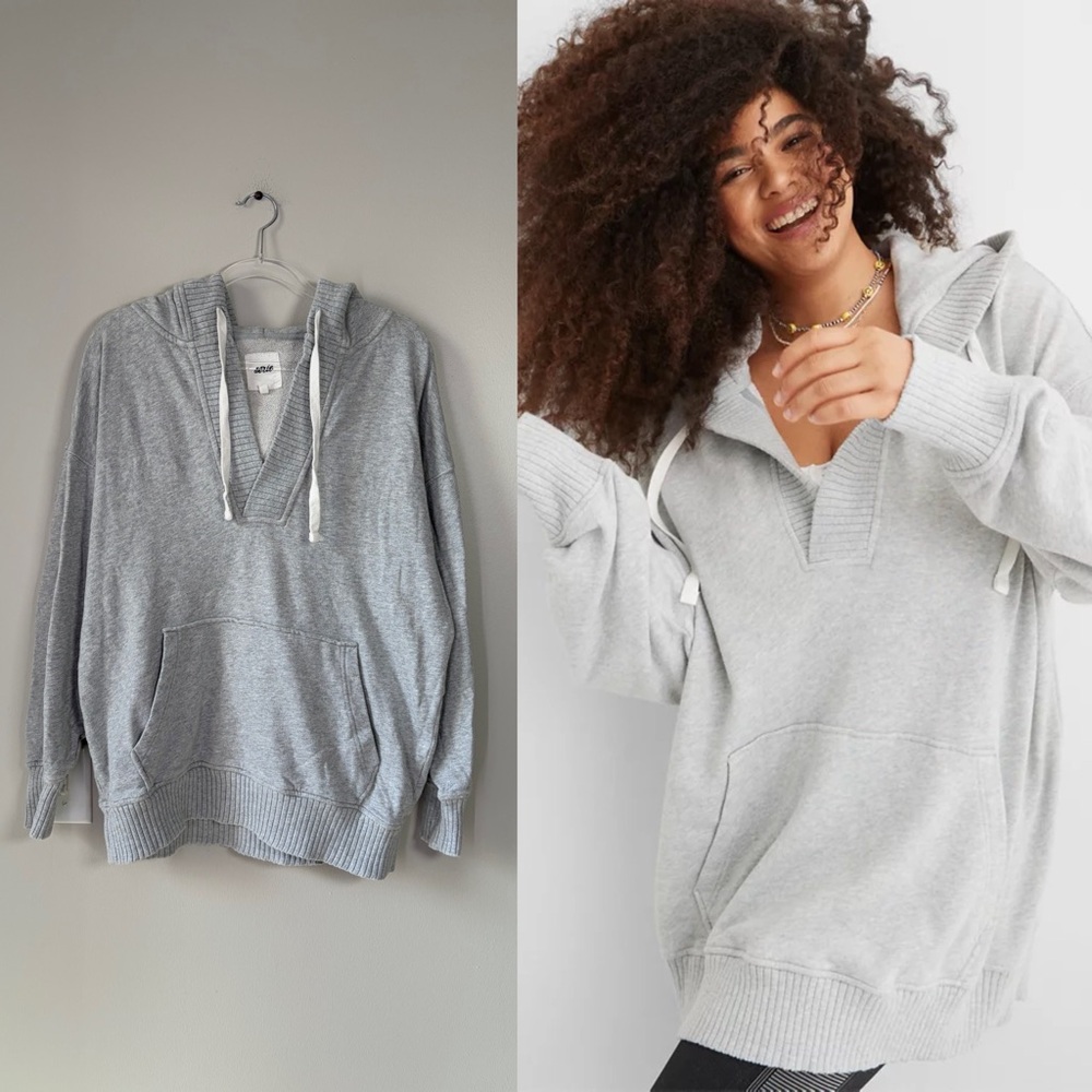 Aerie Gray Down to Earth V-Neck Oversized Hoodie Loungewear Casual Cozy
